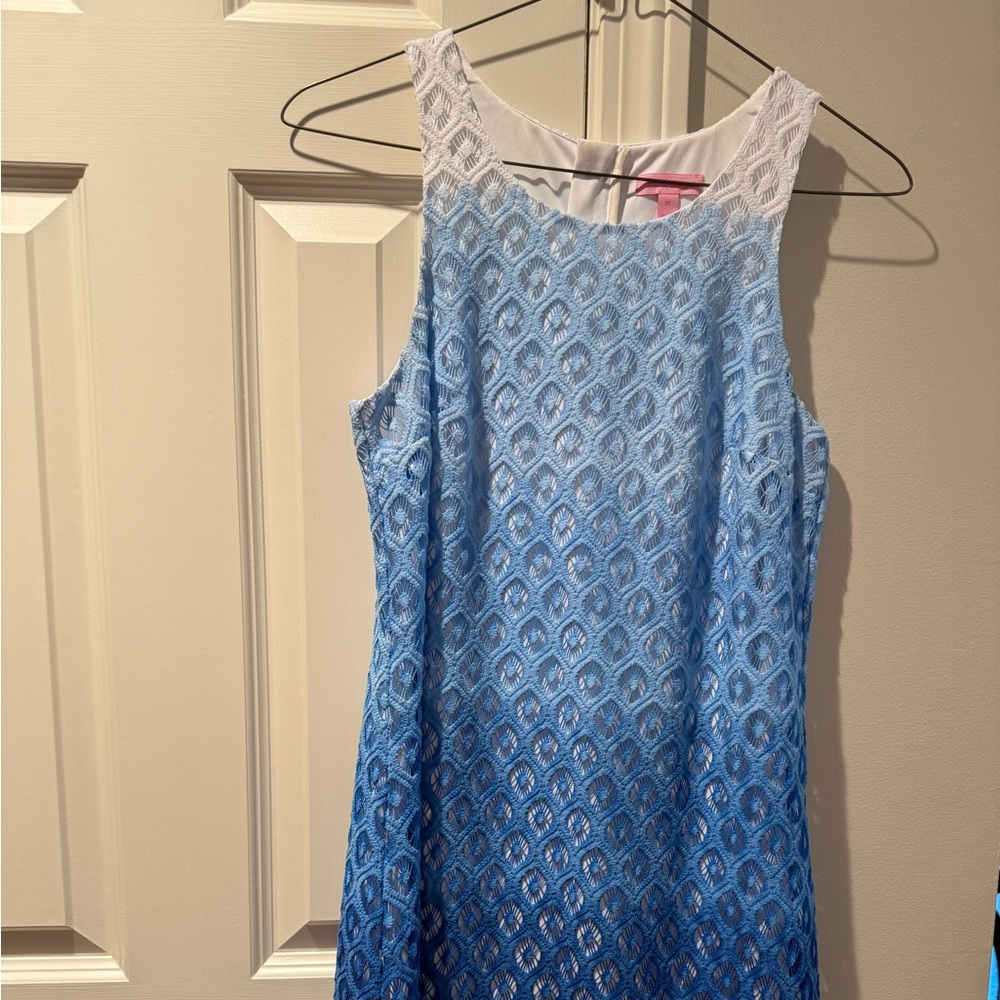 Lilly Pulitzer Ombré Marquette shift dress blue white Pom poms